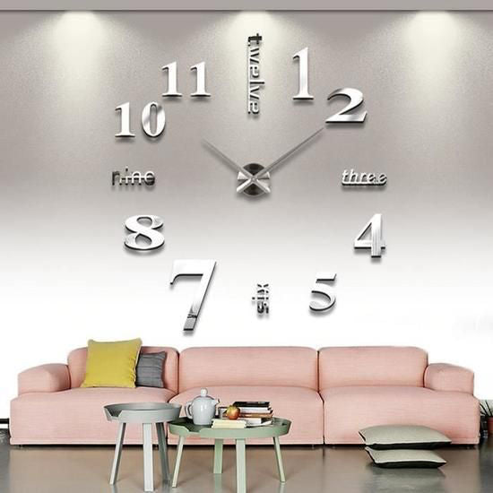 Horloge Murale 3D – Autocollant – Grand chiffre – Gris